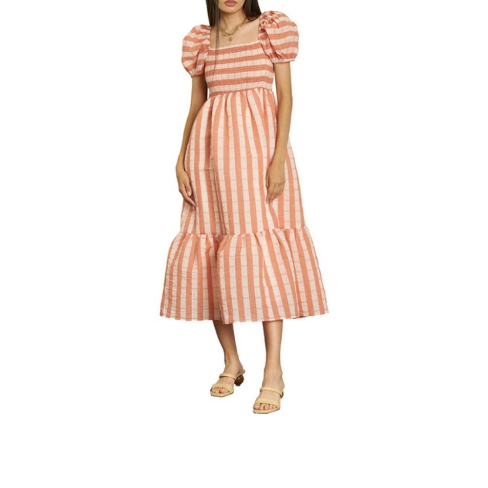 dRA Nicole smocked bodice organza midi dress in peach stripe xs